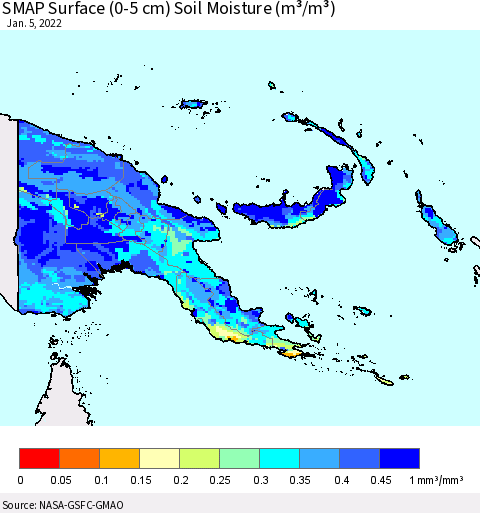 Papua New Guinea SMAP Surface (0-5 cm) Soil Moisture (m³/m³) Thematic Map For 1/1/2022 - 1/5/2022