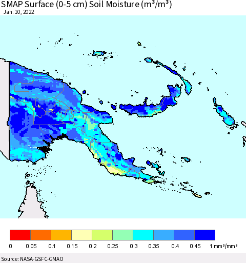 Papua New Guinea SMAP Surface (0-5 cm) Soil Moisture (m³/m³) Thematic Map For 1/6/2022 - 1/10/2022