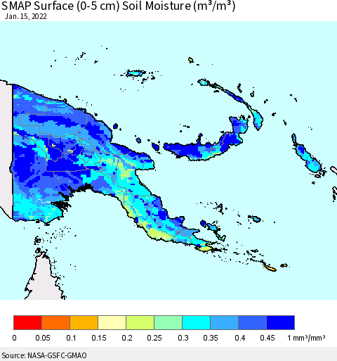 Papua New Guinea SMAP Surface (0-5 cm) Soil Moisture (m³/m³) Thematic Map For 1/11/2022 - 1/15/2022
