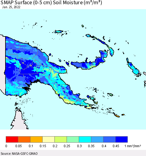 Papua New Guinea SMAP Surface (0-5 cm) Soil Moisture (m³/m³) Thematic Map For 1/21/2022 - 1/25/2022