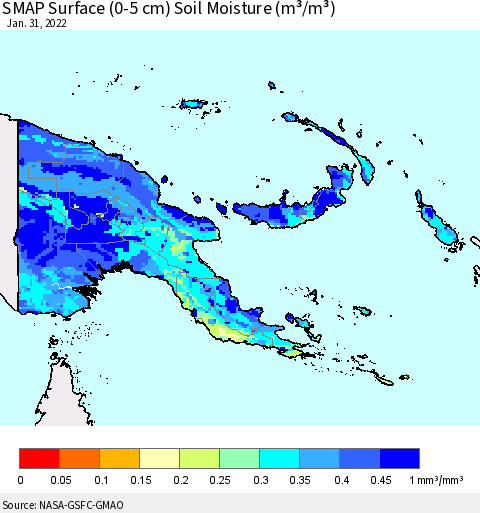 Papua New Guinea SMAP Surface (0-5 cm) Soil Moisture (m³/m³) Thematic Map For 1/26/2022 - 1/31/2022