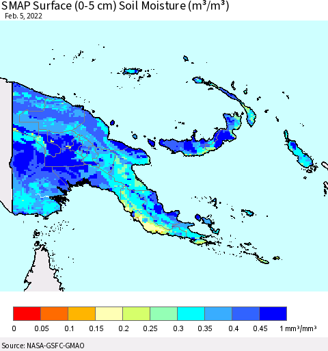 Papua New Guinea SMAP Surface (0-5 cm) Soil Moisture (m³/m³) Thematic Map For 2/1/2022 - 2/5/2022