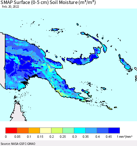 Papua New Guinea SMAP Surface (0-5 cm) Soil Moisture (m³/m³) Thematic Map For 2/16/2022 - 2/20/2022