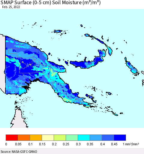 Papua New Guinea SMAP Surface (0-5 cm) Soil Moisture (m³/m³) Thematic Map For 2/21/2022 - 2/25/2022
