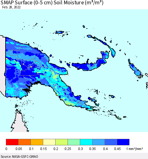 Papua New Guinea SMAP Surface (0-5 cm) Soil Moisture (m³/m³) Thematic Map For 2/26/2022 - 2/28/2022