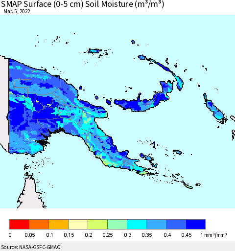 Papua New Guinea SMAP Surface (0-5 cm) Soil Moisture (m³/m³) Thematic Map For 3/1/2022 - 3/5/2022