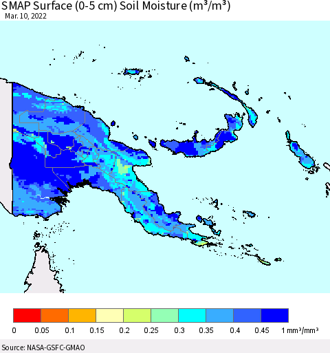 Papua New Guinea SMAP Surface (0-5 cm) Soil Moisture (m³/m³) Thematic Map For 3/6/2022 - 3/10/2022