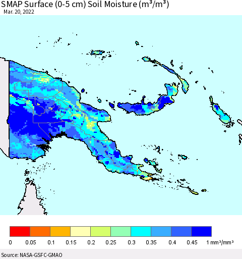 Papua New Guinea SMAP Surface (0-5 cm) Soil Moisture (m³/m³) Thematic Map For 3/16/2022 - 3/20/2022