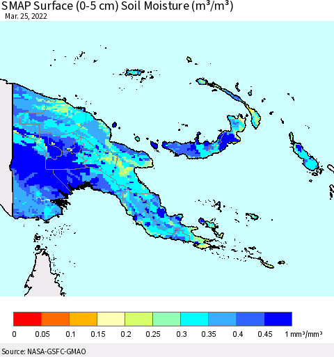 Papua New Guinea SMAP Surface (0-5 cm) Soil Moisture (m³/m³) Thematic Map For 3/21/2022 - 3/25/2022