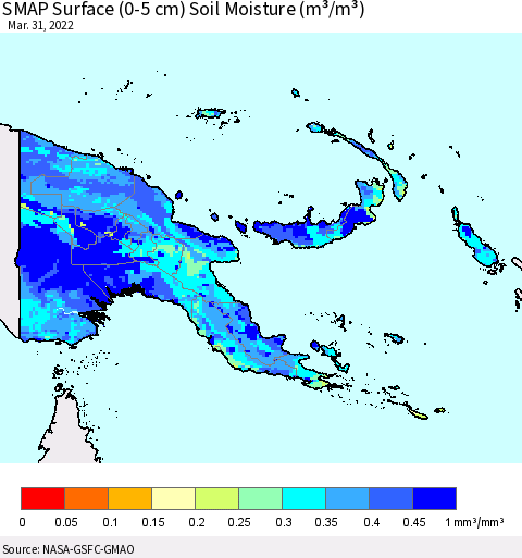 Papua New Guinea SMAP Surface (0-5 cm) Soil Moisture (m³/m³) Thematic Map For 3/26/2022 - 3/31/2022