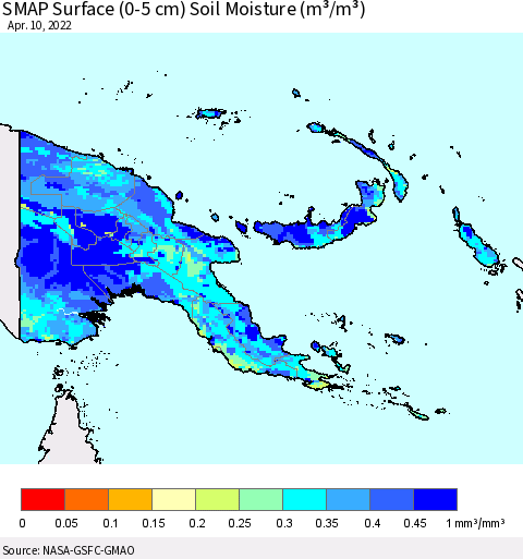 Papua New Guinea SMAP Surface (0-5 cm) Soil Moisture (m³/m³) Thematic Map For 4/6/2022 - 4/10/2022