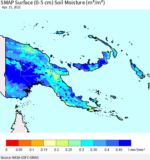Papua New Guinea SMAP Surface (0-5 cm) Soil Moisture (m³/m³) Thematic Map For 4/11/2022 - 4/15/2022