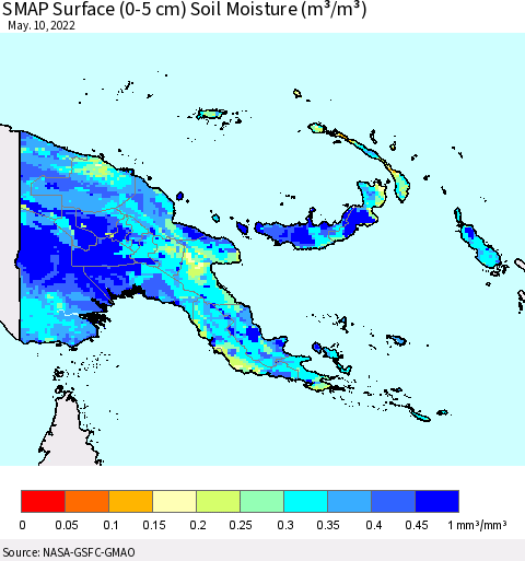 Papua New Guinea SMAP Surface (0-5 cm) Soil Moisture (m³/m³) Thematic Map For 5/6/2022 - 5/10/2022