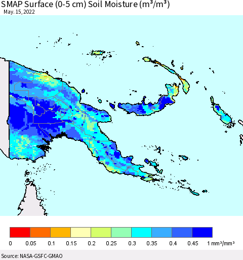 Papua New Guinea SMAP Surface (0-5 cm) Soil Moisture (m³/m³) Thematic Map For 5/11/2022 - 5/15/2022