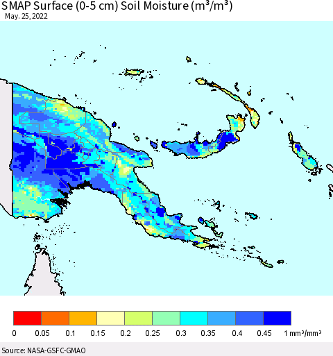 Papua New Guinea SMAP Surface (0-5 cm) Soil Moisture (m³/m³) Thematic Map For 5/21/2022 - 5/25/2022