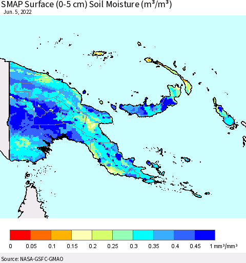 Papua New Guinea SMAP Surface (0-5 cm) Soil Moisture (m³/m³) Thematic Map For 6/1/2022 - 6/5/2022