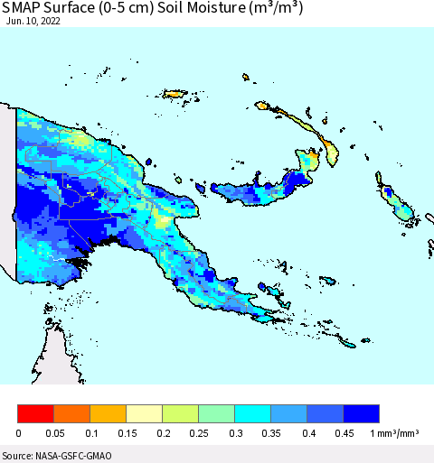 Papua New Guinea SMAP Surface (0-5 cm) Soil Moisture (m³/m³) Thematic Map For 6/6/2022 - 6/10/2022