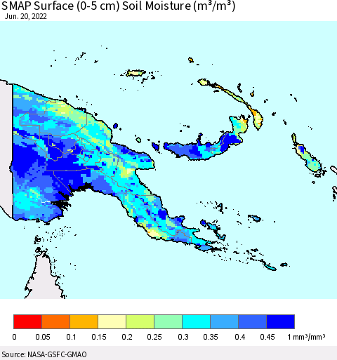 Papua New Guinea SMAP Surface (0-5 cm) Soil Moisture (m³/m³) Thematic Map For 6/16/2022 - 6/20/2022