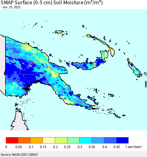 Papua New Guinea SMAP Surface (0-5 cm) Soil Moisture (m³/m³) Thematic Map For 6/21/2022 - 6/25/2022