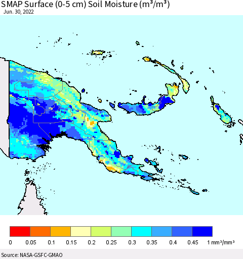 Papua New Guinea SMAP Surface (0-5 cm) Soil Moisture (m³/m³) Thematic Map For 6/26/2022 - 6/30/2022