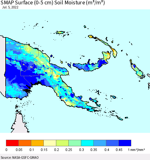 Papua New Guinea SMAP Surface (0-5 cm) Soil Moisture (m³/m³) Thematic Map For 7/1/2022 - 7/5/2022
