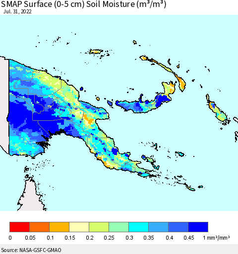 Papua New Guinea SMAP Surface (0-5 cm) Soil Moisture (m³/m³) Thematic Map For 7/26/2022 - 7/31/2022