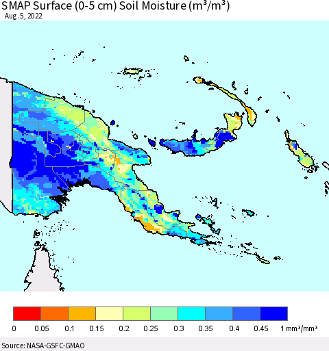 Papua New Guinea SMAP Surface (0-5 cm) Soil Moisture (m³/m³) Thematic Map For 8/1/2022 - 8/5/2022