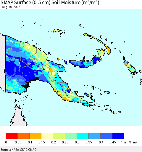 Papua New Guinea SMAP Surface (0-5 cm) Soil Moisture (m³/m³) Thematic Map For 8/6/2022 - 8/10/2022