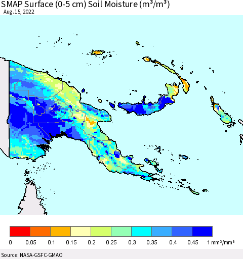 Papua New Guinea SMAP Surface (0-5 cm) Soil Moisture (m³/m³) Thematic Map For 8/11/2022 - 8/15/2022