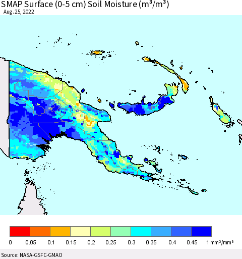 Papua New Guinea SMAP Surface (0-5 cm) Soil Moisture (m³/m³) Thematic Map For 8/21/2022 - 8/25/2022