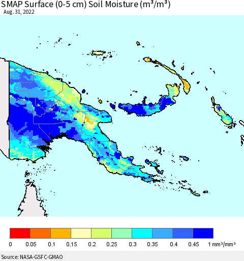 Papua New Guinea SMAP Surface (0-5 cm) Soil Moisture (m³/m³) Thematic Map For 8/26/2022 - 8/31/2022