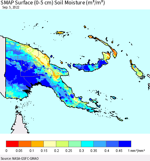 Papua New Guinea SMAP Surface (0-5 cm) Soil Moisture (m³/m³) Thematic Map For 9/1/2022 - 9/5/2022