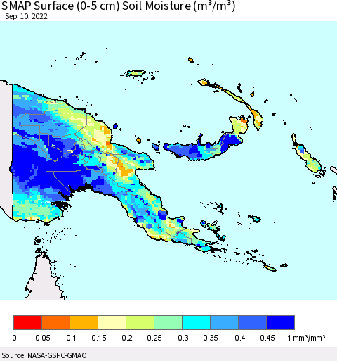 Papua New Guinea SMAP Surface (0-5 cm) Soil Moisture (m³/m³) Thematic Map For 9/6/2022 - 9/10/2022
