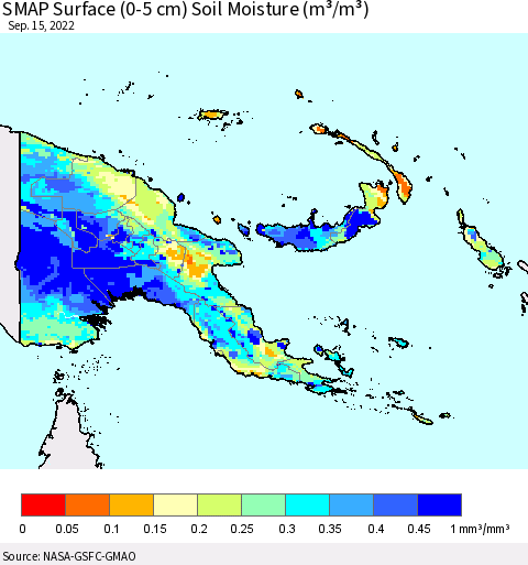 Papua New Guinea SMAP Surface (0-5 cm) Soil Moisture (m³/m³) Thematic Map For 9/11/2022 - 9/15/2022