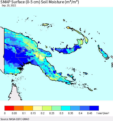 Papua New Guinea SMAP Surface (0-5 cm) Soil Moisture (m³/m³) Thematic Map For 9/16/2022 - 9/20/2022