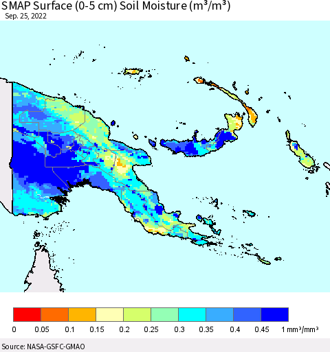 Papua New Guinea SMAP Surface (0-5 cm) Soil Moisture (m³/m³) Thematic Map For 9/21/2022 - 9/25/2022