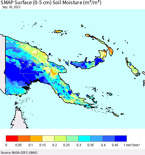 Papua New Guinea SMAP Surface (0-5 cm) Soil Moisture (m³/m³) Thematic Map For 9/26/2022 - 9/30/2022