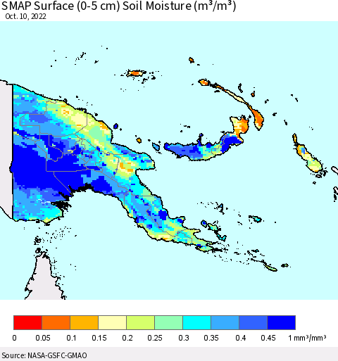 Papua New Guinea SMAP Surface (0-5 cm) Soil Moisture (m³/m³) Thematic Map For 10/6/2022 - 10/10/2022