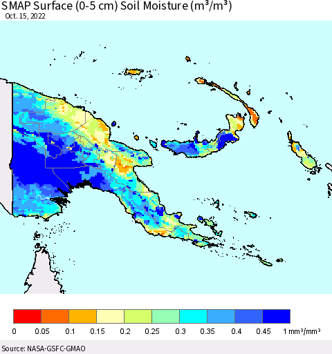Papua New Guinea SMAP Surface (0-5 cm) Soil Moisture (m³/m³) Thematic Map For 10/11/2022 - 10/15/2022