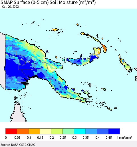 Papua New Guinea SMAP Surface (0-5 cm) Soil Moisture (m³/m³) Thematic Map For 10/16/2022 - 10/20/2022