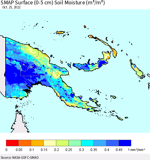 Papua New Guinea SMAP Surface (0-5 cm) Soil Moisture (m³/m³) Thematic Map For 10/21/2022 - 10/25/2022