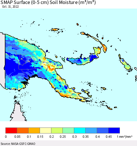Papua New Guinea SMAP Surface (0-5 cm) Soil Moisture (m³/m³) Thematic Map For 10/26/2022 - 10/31/2022