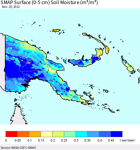 Papua New Guinea SMAP Surface (0-5 cm) Soil Moisture (m³/m³) Thematic Map For 11/16/2022 - 11/20/2022