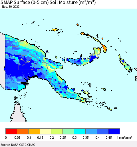 Papua New Guinea SMAP Surface (0-5 cm) Soil Moisture (m³/m³) Thematic Map For 11/26/2022 - 11/30/2022