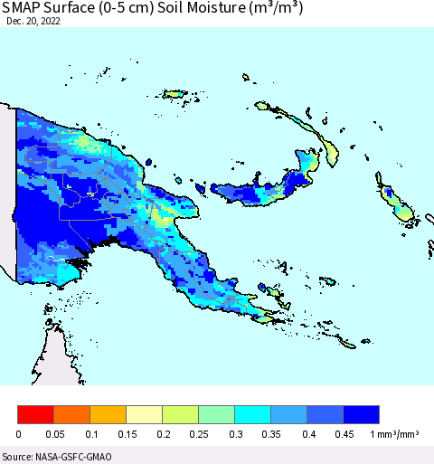 Papua New Guinea SMAP Surface (0-5 cm) Soil Moisture (m³/m³) Thematic Map For 12/16/2022 - 12/20/2022