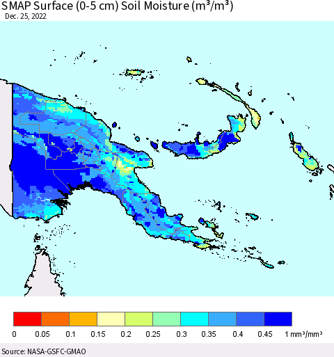 Papua New Guinea SMAP Surface (0-5 cm) Soil Moisture (m³/m³) Thematic Map For 12/21/2022 - 12/25/2022