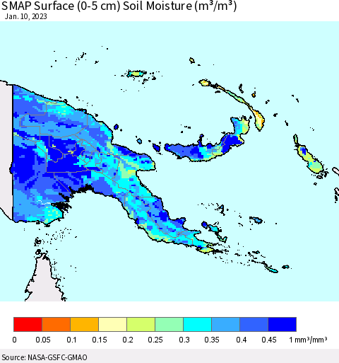 Papua New Guinea SMAP Surface (0-5 cm) Soil Moisture (m³/m³) Thematic Map For 1/6/2023 - 1/10/2023