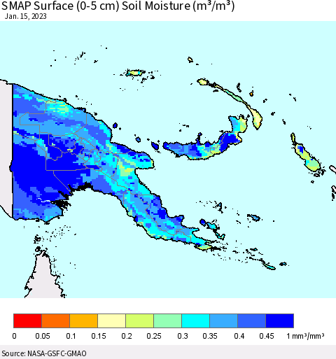 Papua New Guinea SMAP Surface (0-5 cm) Soil Moisture (m³/m³) Thematic Map For 1/11/2023 - 1/15/2023