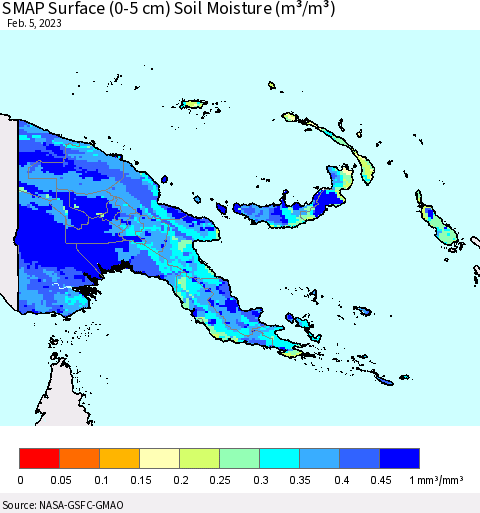 Papua New Guinea SMAP Surface (0-5 cm) Soil Moisture (m³/m³) Thematic Map For 2/1/2023 - 2/5/2023