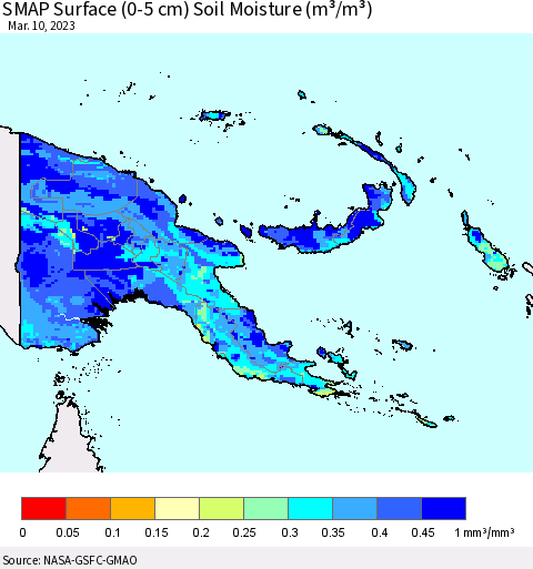 Papua New Guinea SMAP Surface (0-5 cm) Soil Moisture (m³/m³) Thematic Map For 3/6/2023 - 3/10/2023